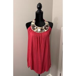 Poupette St Barth Scoop Halter Top One Size Red Beaded Neckline Boho Tank Y2K